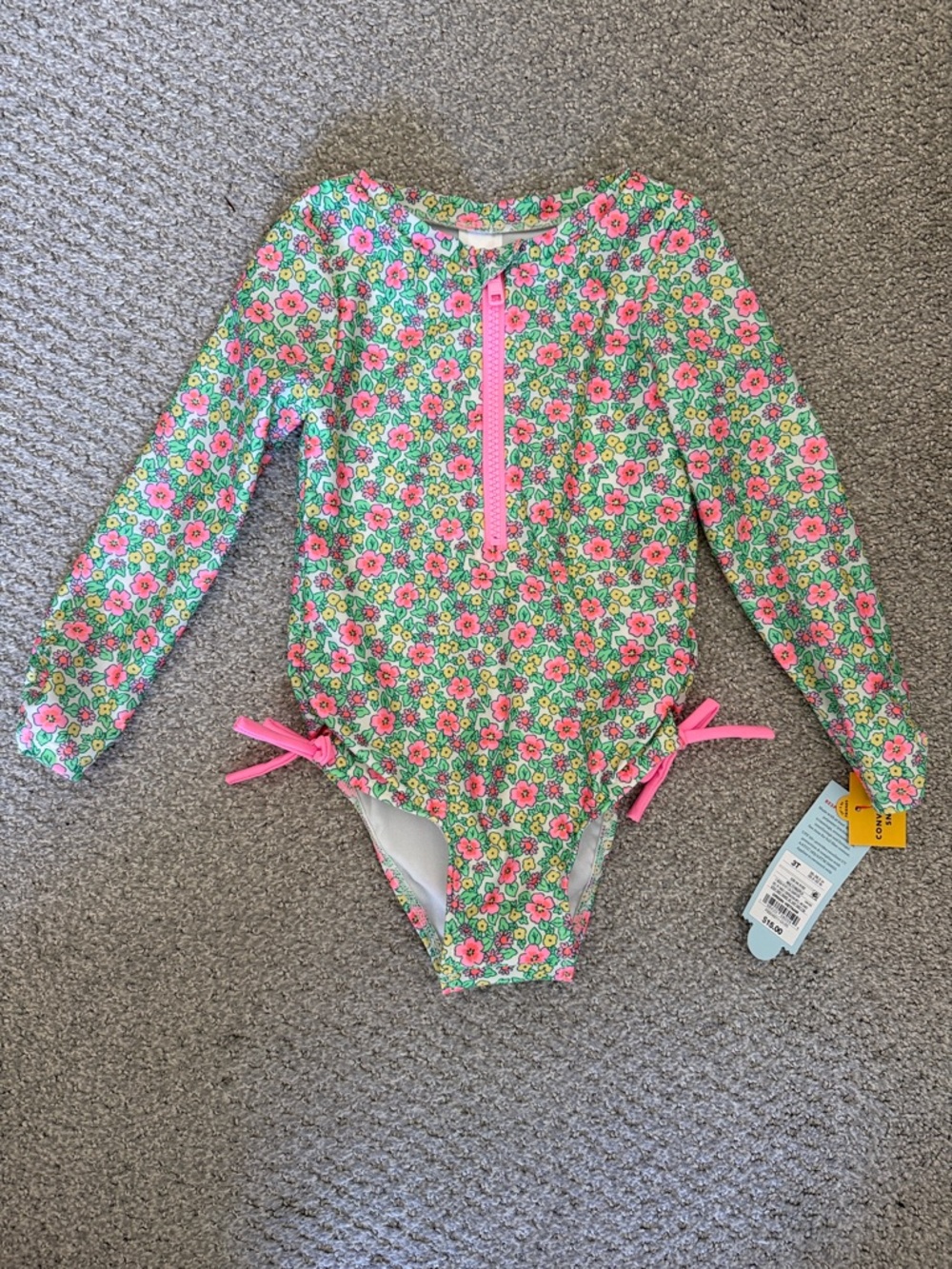 Cat & Jack Girls Long-Sleeve Floral One-Piece Swimsuit - Pink & Green